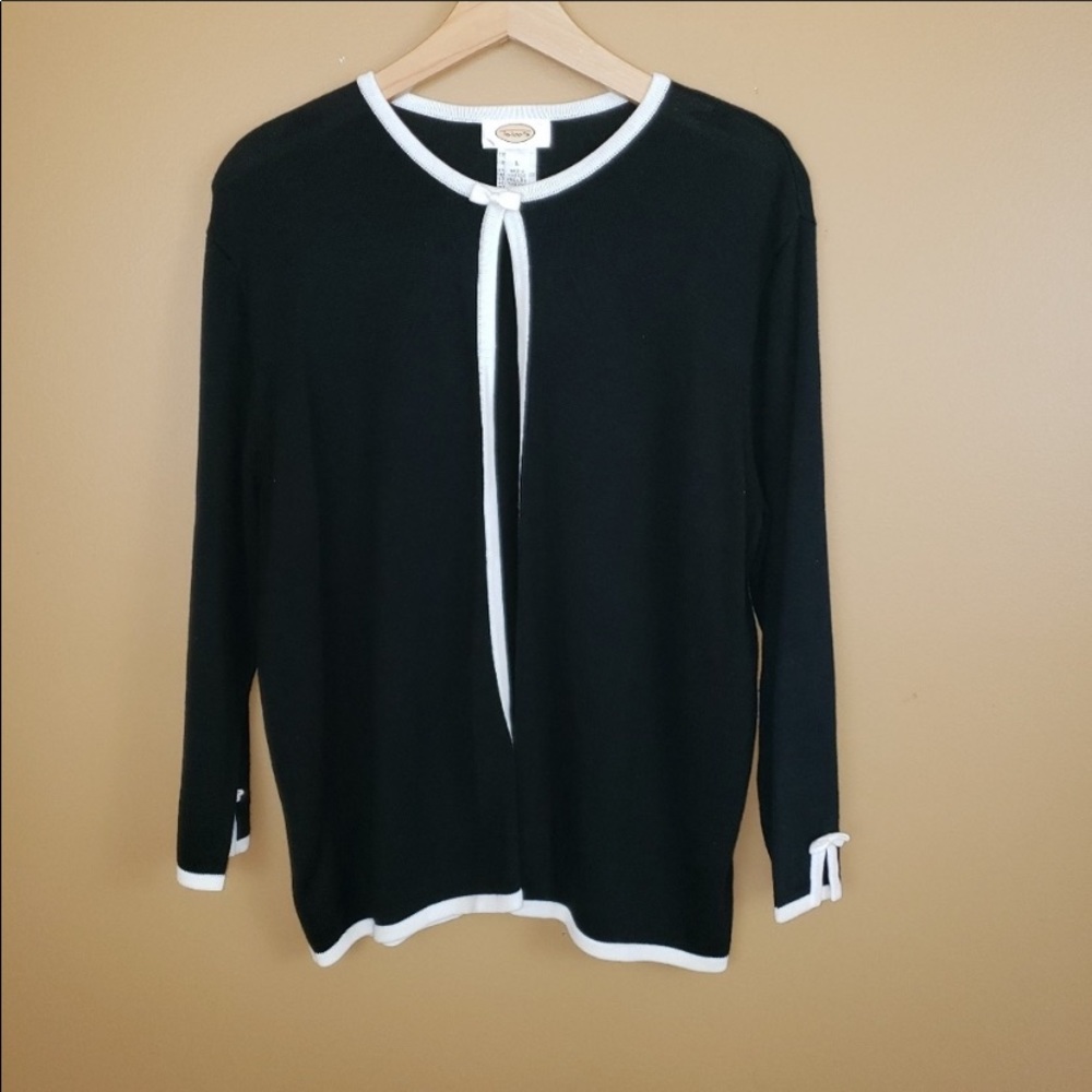 Talbots Black Open Cardigan with White Contrast and Bow M